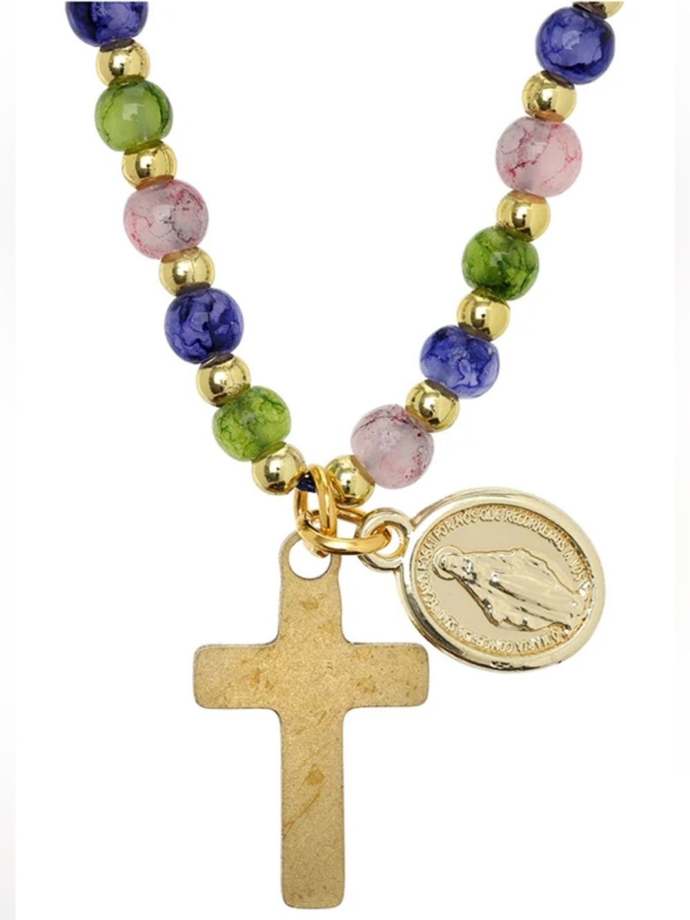 Multicolor Marbled Miraculous Medal and Cross Pendant